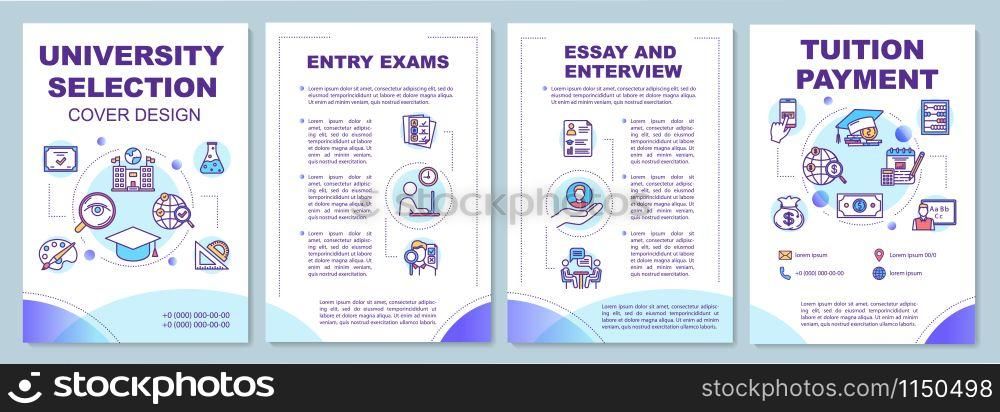 University entrance brochure template. Essay and interview. Flyer, booklet, leaflet print, cover design with linear icons. Vector page layouts for magazines, annual reports, advertising posters
