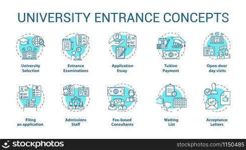 University entrance concept icons set. Academy selection, preparation of documents, exams and admission idea thin line illustrations. Vector isolated outline drawings. Editable stroke