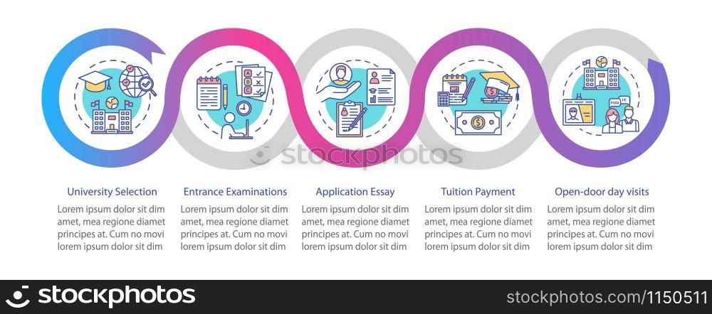 University entrance vector infographic template. Business presentation design elements. Data visualization with 5 steps and options. Process timeline chart. Workflow layout with linear icons