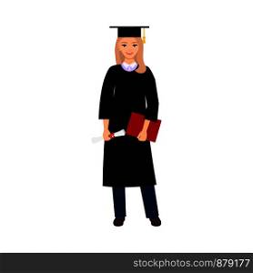 University female student graduate people isolated on white background. Female character with square academic cap and diploma in hands. Vector illustration. University female student graduate