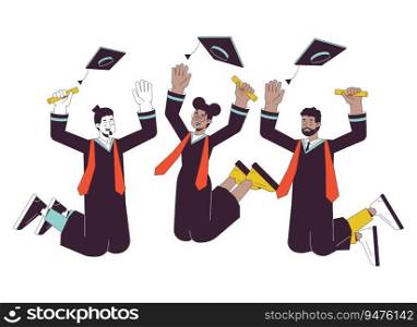 University graduation flat line vector spot illustration. Graduates throwing college caps 2D cartoon outline characters on white for web UI design. Masters students editable isolated color hero image. University graduation flat line vector spot illustration