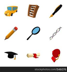 University icons set. Cartoon illustration of 9 university vector icons for web. University icons set, cartoon style