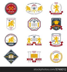University labels colored set with heraldic animals and decorative frames isolated vector illustration