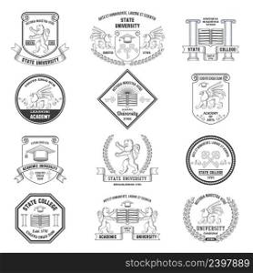 University labels crests sheilds and insignias set with lion griffin and graduation hat education symbols isolated vector illustration