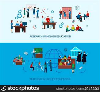 University Learning Horizontal Banners. University learning horizontal banners with studying students and search of information in flat style vector illustration