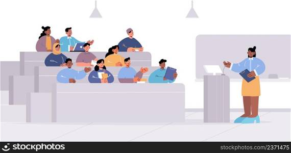 University lecture hall with teacher at pulpit and multiracial students. Concept of education, public seminar, international conference. Vector flat illustration of classroom with speaker and audience. Lecture hall with teacher and multiracial students