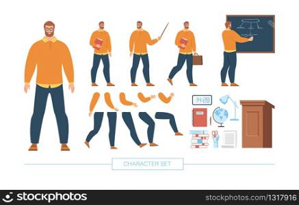 University Lecturer, School Teacher Character Constructor Trendy Flat Vector Isolated Design Elements Set. College Tutor Various Poses, Body Parts, Face Expressions Education Accessories Illustration