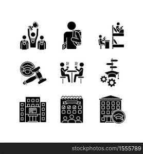 University life black glyph icons set on white space. Freshmen life and activities. College education. Students residence hall. Silhouette symbols. Vector isolated illustration. University life black glyph icons set on white space