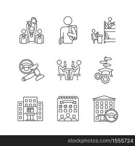University life pixel perfect linear icons set. Freshmen life and activities. College education. Students residence hall. Customizable thin line contour symbols. Isolated vector outline illustrations. University life pixel perfect linear icons set