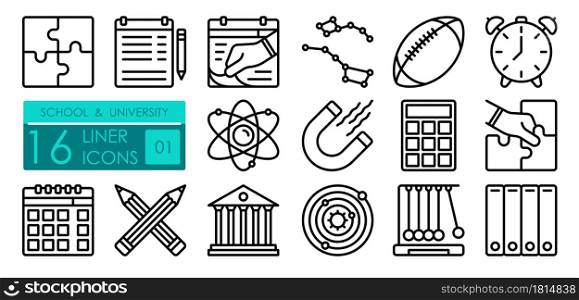 university linear icons set. Structure of atom, calculator. Physical education lessons, astronomy. Sports activities, lesson schedule. Simple black and white vector