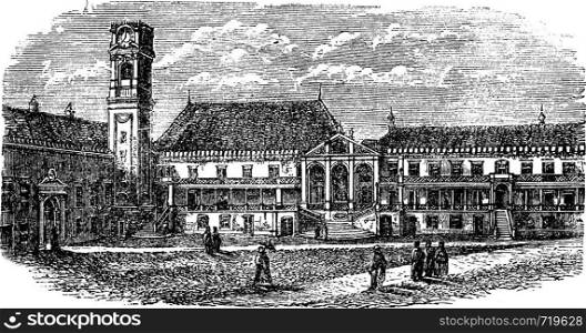 University of Coimbra, in Coimbra, Portugal, during the 1890s, vintage engraving. Old engraved illustration of University of Coimbra.