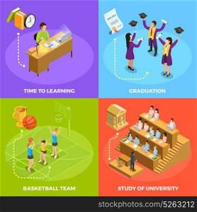 University People 4 Isometric Icons Square . University students 4 isometric icons square poster with basketball match graduation and study work moments isolated vector illustration