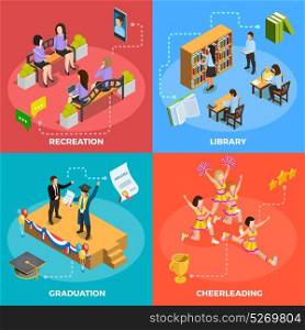 University People 4 Isometric Icons Square . University students 4 isometric icons square poster with recreation graduation cheerleading and library moments isolated vector illustration