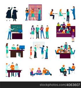 University person collection with learning listening studying discussing reading students in flat style isolated vector illustration. University Person Collection