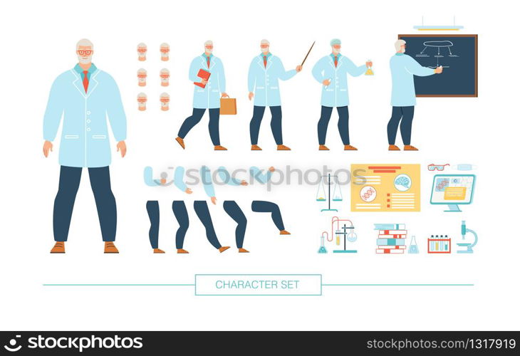 University Professor, Scientist Character Constructor Trendy Flat Vector Design Elements Set. Chemistry Laboratory Technician Various Poses, Body Parts, Face Expressions, Lab Equipment Illustration