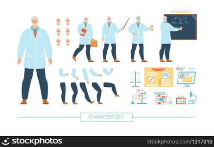 University Professor, Scientist Character Constructor Trendy Flat Vector Design Elements Set. Chemistry Laboratory Technician Various Poses, Body Parts, Face Expressions, Lab Equipment Illustration
