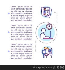 University project concept icon with text. Studying schedule. College essay. Working on laptop. Article page vector template. Brochure, magazine, booklet design element with linear illustrations