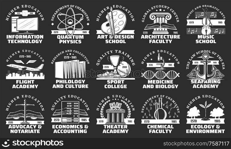 University, school, college and academy vector badges of education design. Books, music instruments, chemical microscope and lab glass, sport trophy, art items and nautical anchor, DNA and atom icons. Education icons of university, school and academy