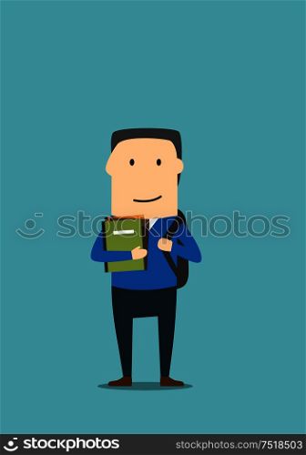 University student holding books, notes. School boy with backpack. Education concept. Student, school boy with backpack, books