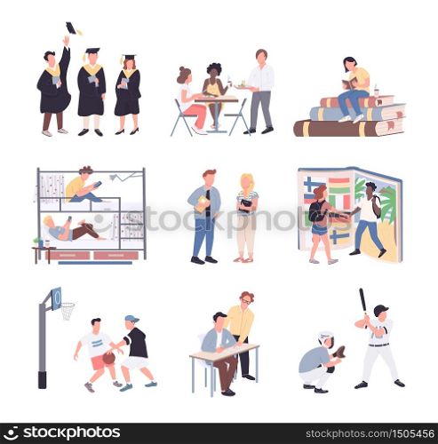 University students flat color vector faceless characters set. Students isolated cartoon illustrations on white background. College lifestyle. Studying, dormitory, sport, communication and graduation