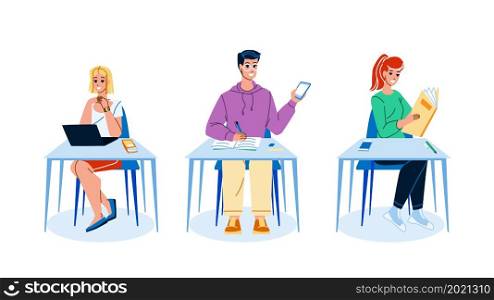 University Students In Classroom Studying Vector. Students In Classroom Reading Book, Using Smartphone And Laptop For Searching Study Information In Internet. Characters Flat Cartoon Illustration. University Students In Classroom Studying Vector