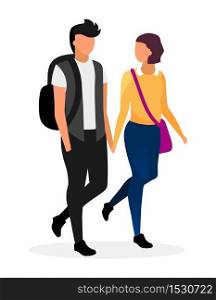 University students in love flat vector illustration. Teenage schoolboy and schoolgirl holding hands characters. Boyfriend and girlfriend going home after lessons. Schoolchildren teen couple dating