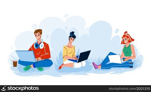 University Students Remote Studying Outdoor Vector. University Students Boys And Girls Learning At Laptop In Park. Characters Reading Electronic Book At Computer Outside Flat Cartoon Illustration. University Students Remote Studying Outdoor Vector