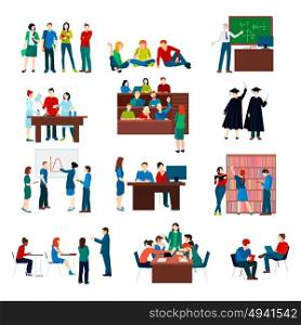 University Students Set. University students set in different situations and activities in flat style isolated vector illustration