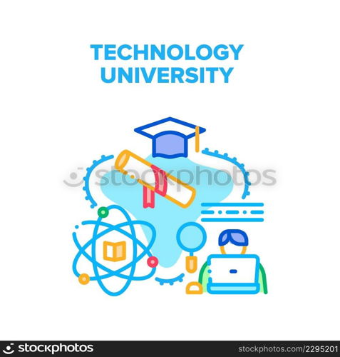 University Technology Vector Icon Concept. Laptop And Electronic Library Book University Technology For Learning Educational Lesson. Student Science Studying In College Color Illustration. University Technology Vector Color Illustration