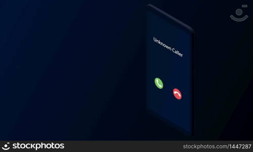 Unknown caller. Isometric vector illustration. Realistic dark smartphone. 3d model on a blue background. Phone interface with two icons accept or reject a call