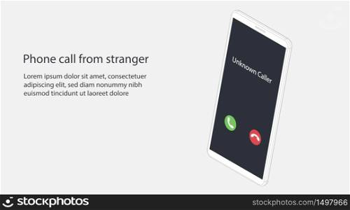 Unknown caller. Phone call from stranger. Isometric vector illustration. Realistic white outline smartphone. 3d model isolated on a gray background. Interface with two icons accept or reject a call