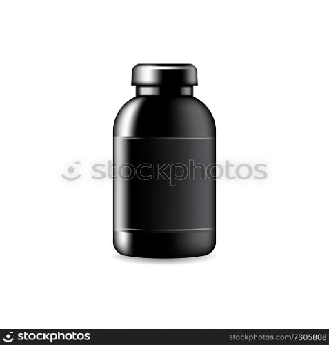 Unlabeled black container to store shampoo or cream isolated mockup. Vector plastic bottle with round cover. Black bottle with cover, liquid cosmetics package