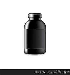 Unlabeled black container to store shampoo or cream isolated mockup. Vector plastic bottle with round cover. Black bottle with cover, liquid cosmetics package