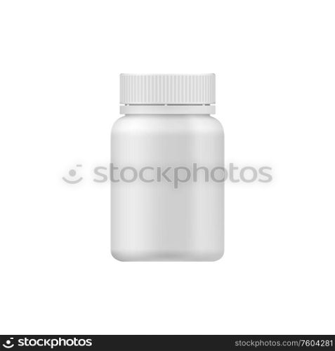 Unlabeled pills box isolated mockup. Vector container to store drugs, plastic jar. Transparent orange pills container isolated bottle