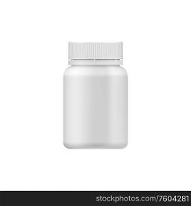 Unlabeled pills box isolated mockup. Vector container to store drugs, plastic jar. Transparent orange pills container isolated bottle