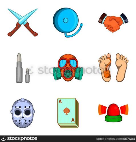 Unlawful act icons set. Cartoon set of 9 unlawful act vector icons for web isolated on white background. Unlawful act icons set, cartoon style