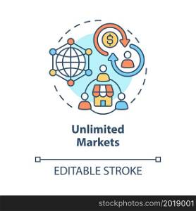 Unlimited markets concept icon. Online entrepreneurship benefit abstract idea thin line illustration. Access to profitable niches on Internet. Vector isolated outline color drawing. Editable stroke. Unlimited markets concept icon