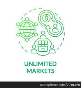 Unlimited markets green gradient concept icon. Online entrepreneurship benefit abstract idea thin line illustration. Online small business. E-commerce retailers. Vector isolated outline color drawing. Unlimited markets green gradient concept icon