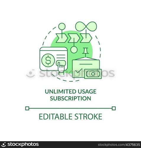 Unlimited usage subscription green concept icon. Types of subscription abstract idea thin line illustration. Isolated outline drawing. Editable stroke. Roboto-Medium, Myriad Pro-Bold fonts used. Unlimited usage subscription green concept icon