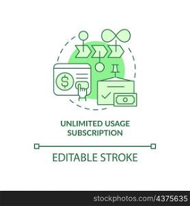 Unlimited usage subscription green concept icon. Types of subscription abstract idea thin line illustration. Isolated outline drawing. Editable stroke. Roboto-Medium, Myriad Pro-Bold fonts used. Unlimited usage subscription green concept icon