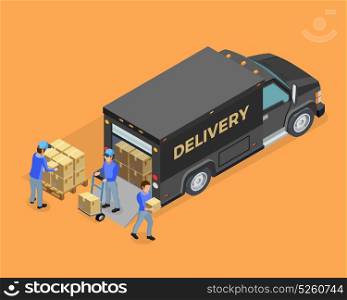 Unloading Isometric Concept . Unloading isometric concept with truck boxes and loaders on orange background isolated vector illustration
