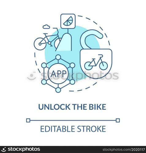 Unlock bike blue concept icon. Bike sharing usage abstract idea thin line illustration. Rental system. Using smartphone for unlocking. Vector isolated outline color drawing. Editable stroke. Unlock bike blue concept icon