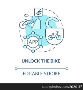 Unlock bike blue concept icon. Bike sharing usage abstract idea thin line illustration. Rental system. Using smartphone for unlocking. Vector isolated outline color drawing. Editable stroke. Unlock bike blue concept icon
