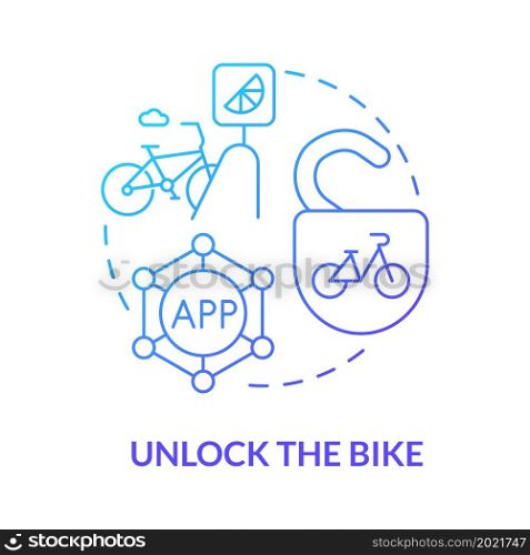 Unlock bike blue gradient concept icon. Bike sharing usage abstract idea thin line illustration. Purchasing bikeshare passes. Using smartphone for unlocking. Vector isolated outline color drawing. Unlock bike blue gradient concept icon