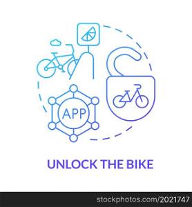 Unlock bike blue gradient concept icon. Bike sharing usage abstract idea thin line illustration. Purchasing bikeshare passes. Using smartphone for unlocking. Vector isolated outline color drawing. Unlock bike blue gradient concept icon