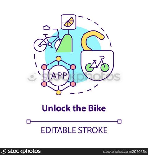 Unlock bike concept icon. Bike sharing usage abstract idea thin line illustration. Enabling access to bicycle. Using smartphone for unlocking. Vector isolated outline color drawing. Editable stroke. Unlock bike concept icon