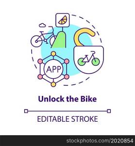 Unlock bike concept icon. Bike sharing usage abstract idea thin line illustration. Enabling access to bicycle. Using smartphone for unlocking. Vector isolated outline color drawing. Editable stroke. Unlock bike concept icon