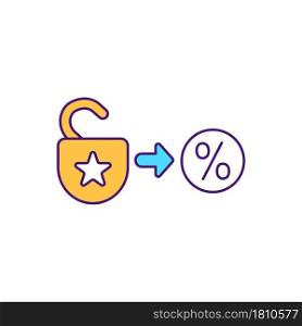 Unlock discount and benefit RGB color icon. Make additional benefits and discounts available. Game and challenge to gain shopping points. Isolated vector illustration. Simple filled line drawing. Unlock discount and benefit RGB color icon