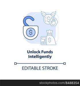 Unlock funds intelligently light blue concept icon. Immediate attention area abstract idea thin line illustration. Isolated outline drawing. Editable stroke. Arial, Myriad Pro-Bold fonts used. Unlock funds intelligently light blue concept icon