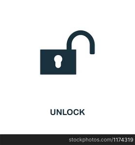 Unlock icon. Monochrome style design from internet security collection. UI. Pixel perfect simple pictogram unlock icon. Web design, apps, software, print usage.. Unlock icon. Monochrome style design from internet security icon collection. UI. Pixel perfect simple pictogram unlock icon. Web design, apps, software, print usage.
